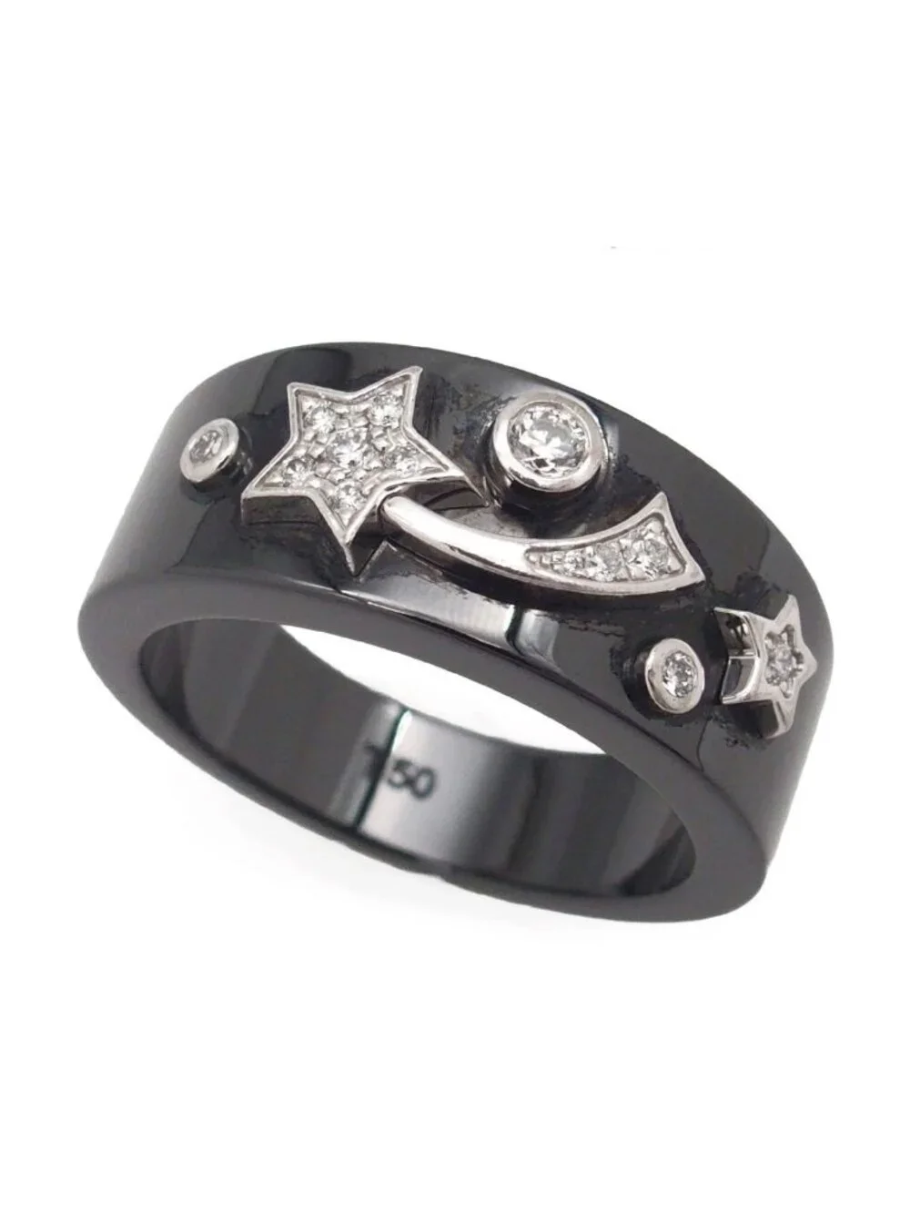 Chanel Cosmic Comet Ring Black White Gold Ceramic 18K Star Pave Diamond